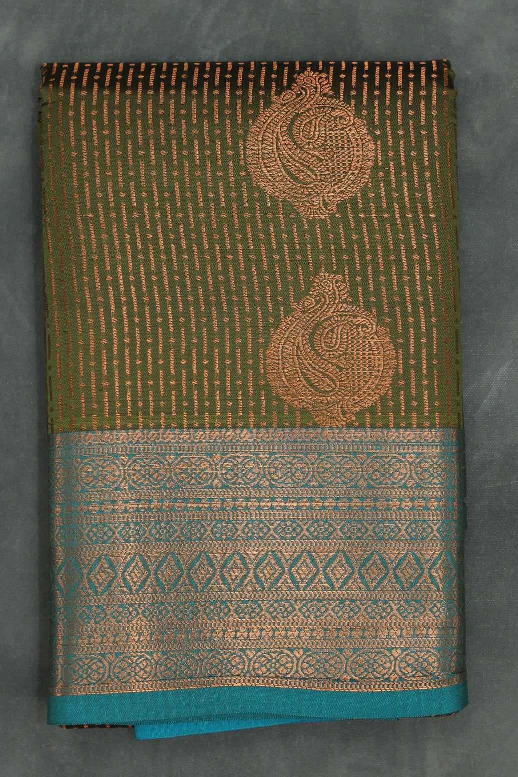 Bridal Kubera Pattu Saree Mehendi Green with Teal Blue Zari Border - Full Body Zari Work - Mehendi Green