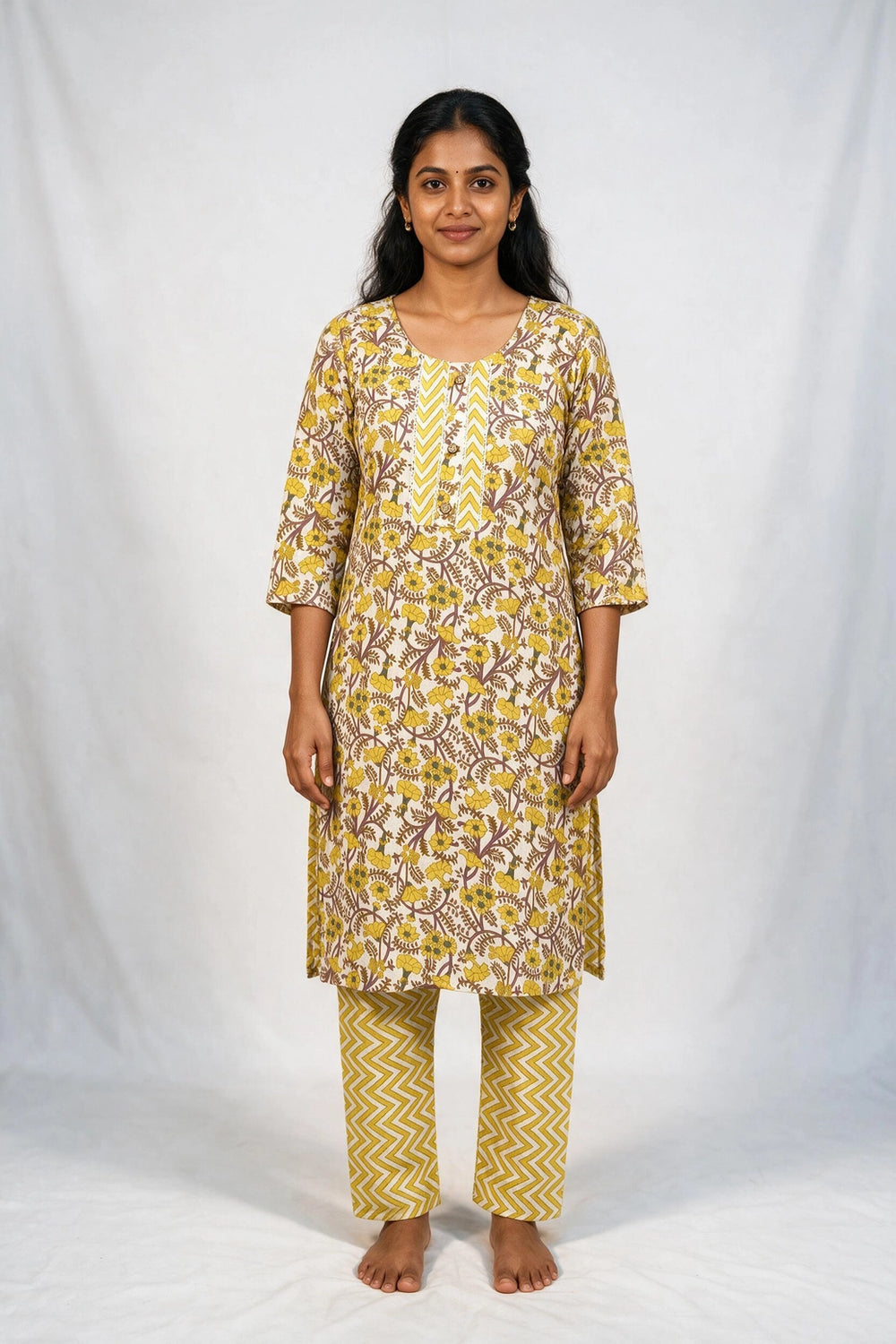 Women’s Yellow Floral Cotton Kurti with Chevron Panel Details & Elastic Pant Set - Yellow