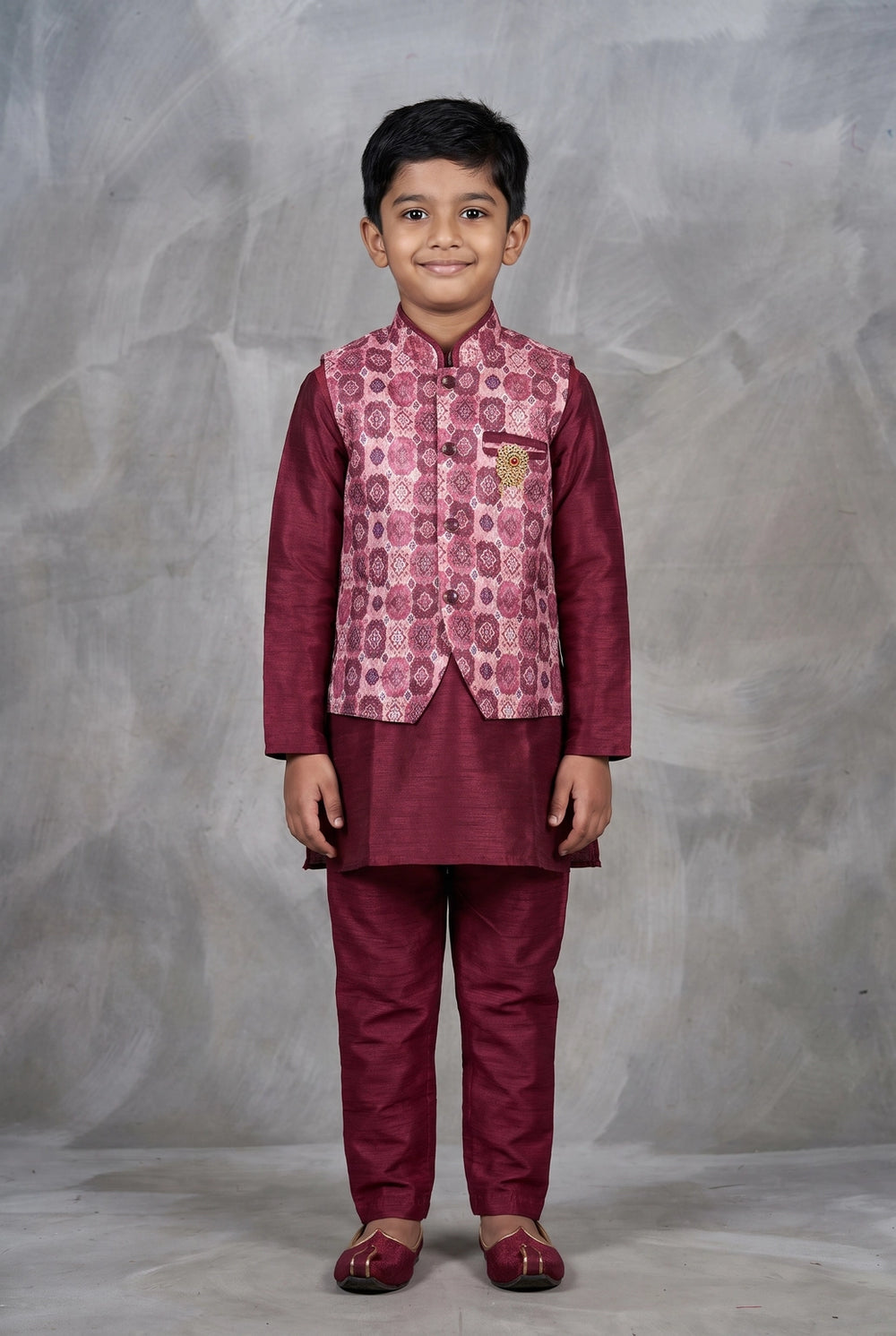 Boys Rani Pink Koti Kurta Set 3-Piece with Printed Sleeveless Koti and Geometric Floral Motifs - Rani Pink