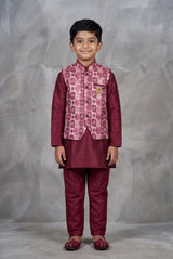 Boys Rani Pink Koti Kurta Set 3-Piece with Printed Sleeveless Koti and Geometric Floral Motifs - Rani Pink