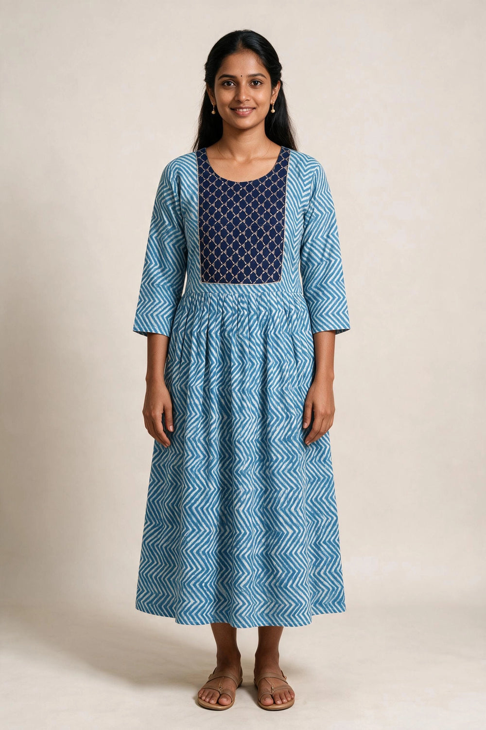 Women’s Navy Blue Cotton Anarkali Kurti Gown with Dori Tie, Geometric-Floral Print and Silver Sequin Detail - Navy Blue