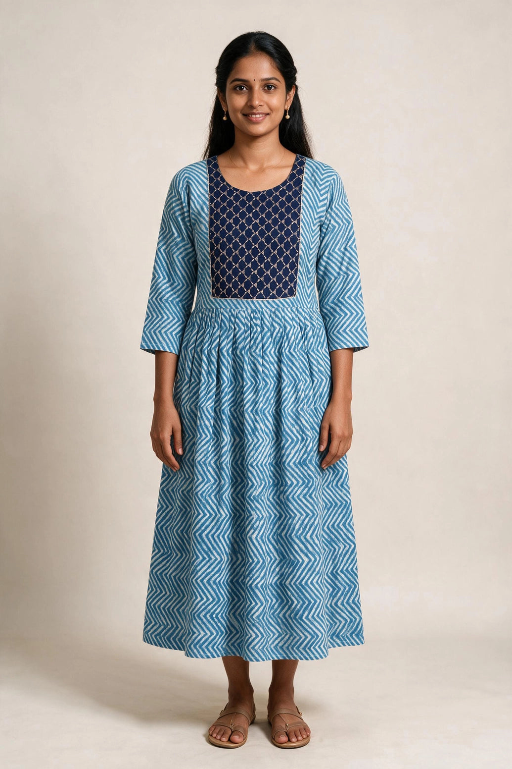 Women’s Navy Blue Cotton Anarkali Kurti Gown with Dori Tie, Geometric-Floral Print and Silver Sequin Detail - Navy Blue