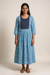 Women’s Navy Blue Cotton Anarkali Kurti Gown with Dori Tie, Geometric-Floral Print and Silver Sequin Detail - Navy Blue