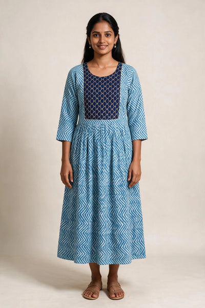 Women’s Navy Blue Cotton Anarkali Kurti Gown with Dori Tie, Geometric-Floral Print and Silver Sequin Detail - Navy Blue