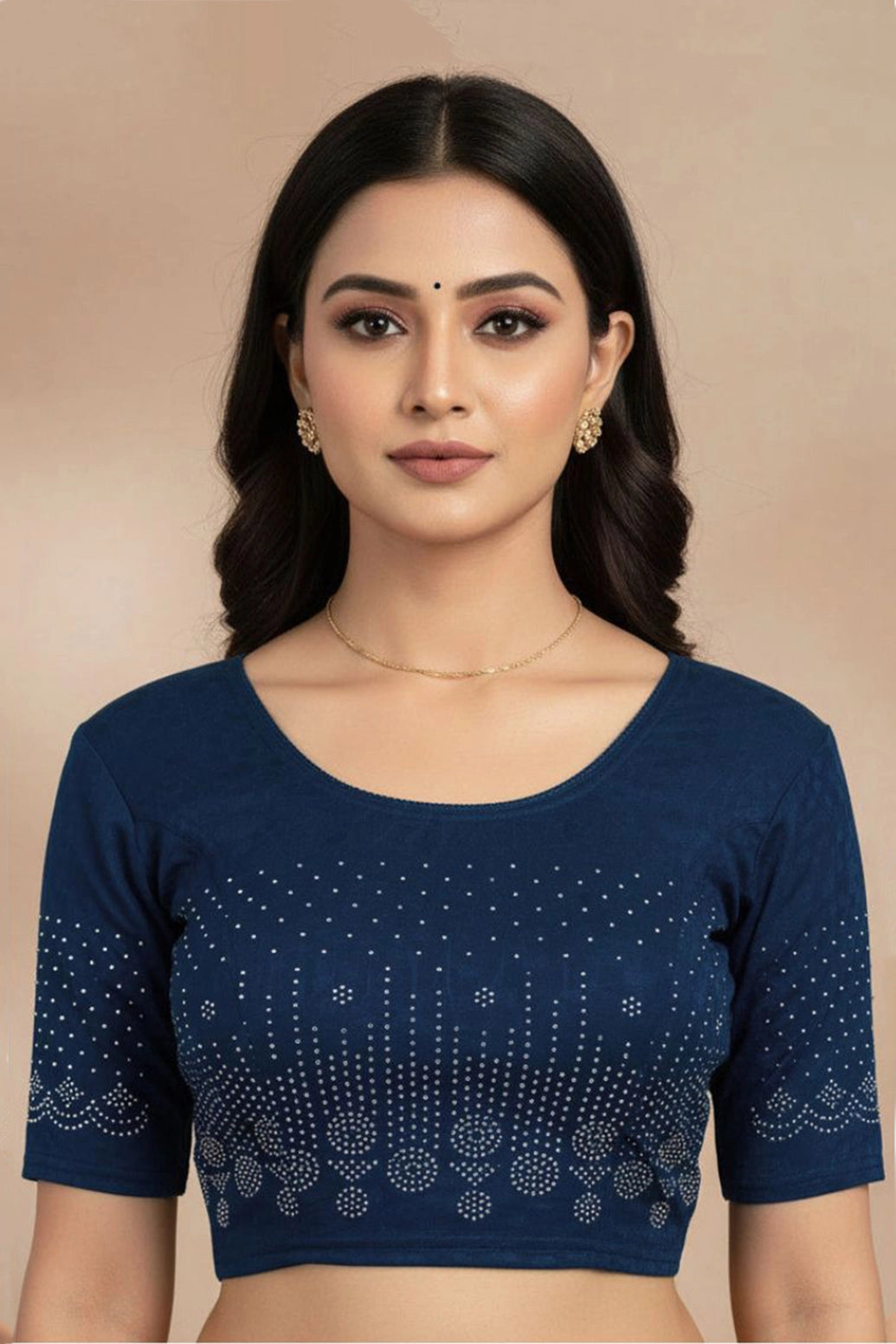 Dark Navy Blue Readymade Designer Stretch Blouse with Stone Work, Elbow Sleeves for Women - Dark Navy blue