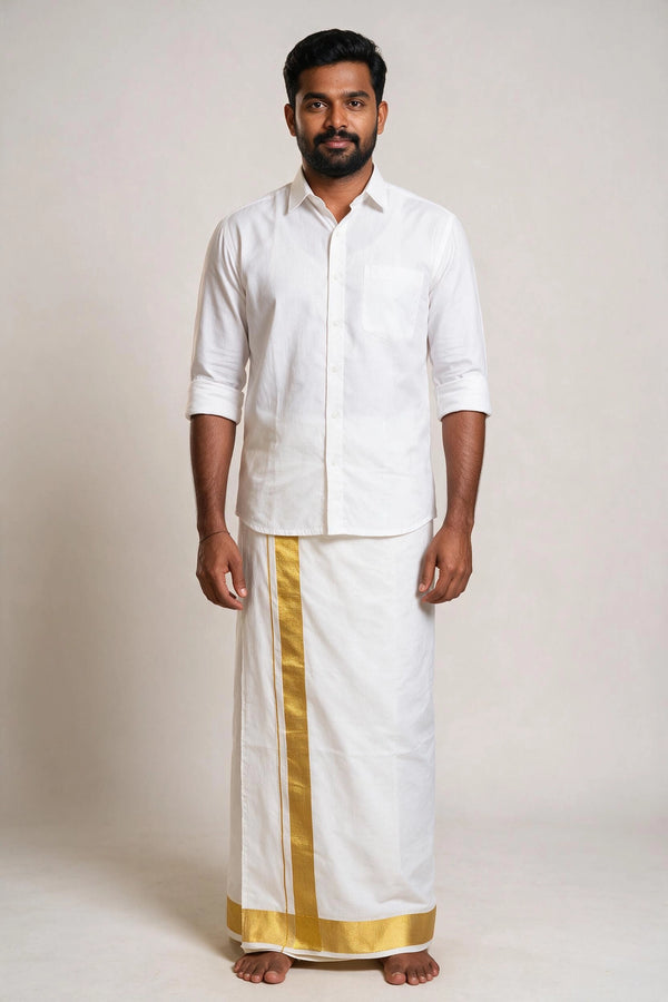 Men’s White Rich Cotton Double Dhoti with 2-inch Gold Zari Border for Weddings & Temple Functions - White
