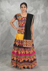 Designer Navratri Chaniya Choli with Kutchi Mirror Work & Bandhani Lehenga, Multi Color & Black - Multi Color & Black