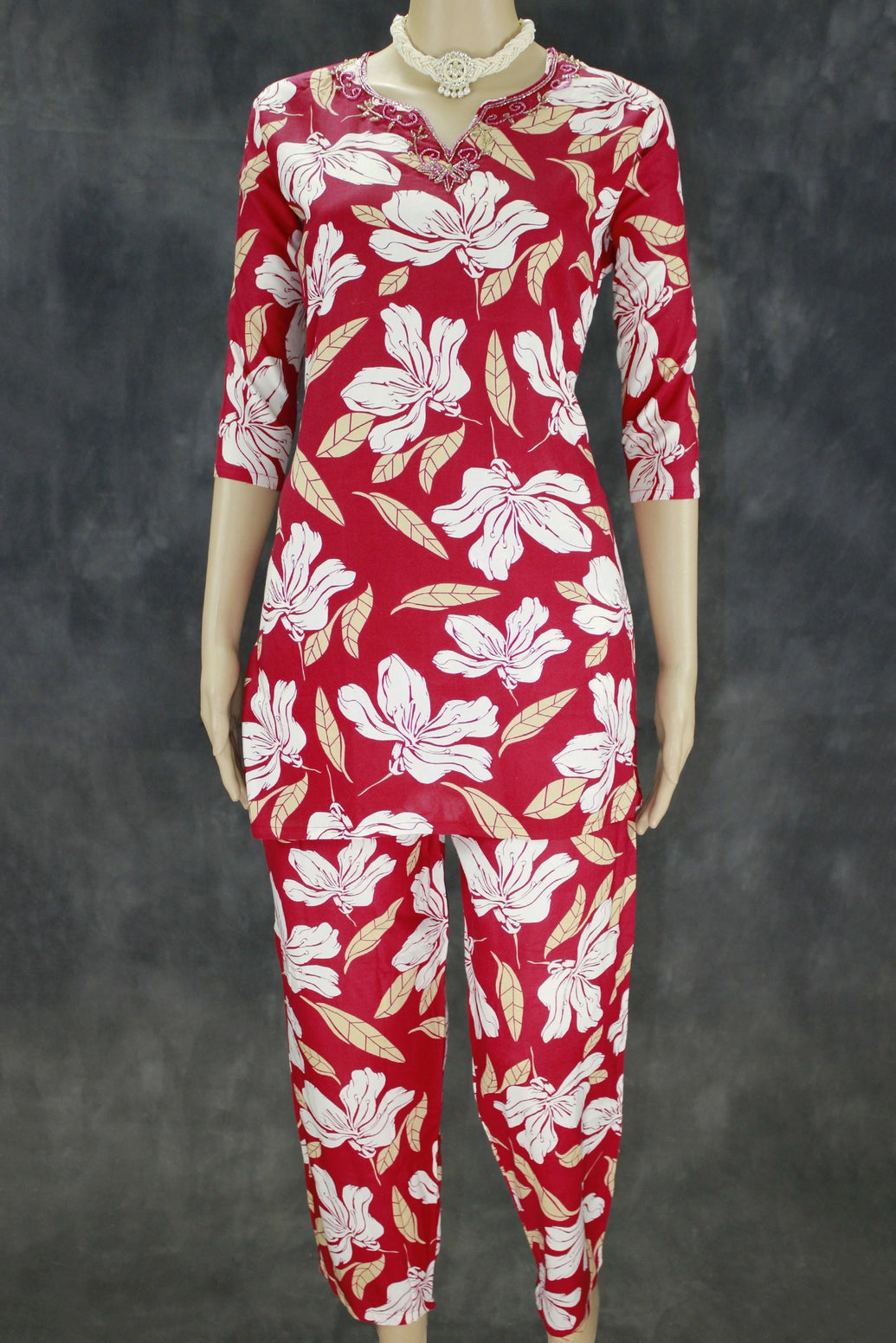 Vivid Maroon Rayon Two-Piece Kurti Set with Beaded Neck Design - Vivid Maroon