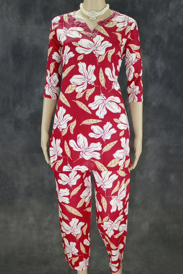 Vivid Maroon Rayon Two-Piece Kurti Set with Beaded Neck Design - Vivid Maroon