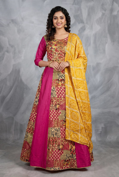 Rani Pink Designer Navratri Chaniya Choli with Patola Patchwork Print Choli & Flared Skirt - Rani Pink