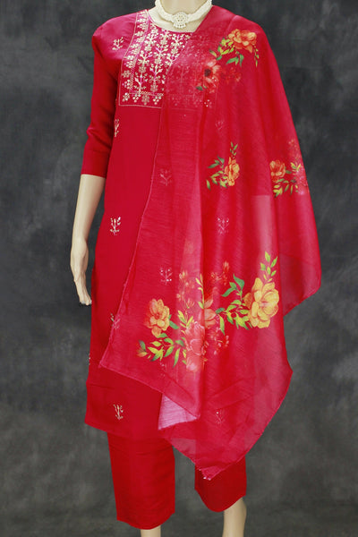 Elegant Dark Pink Roman Silk 3-Piece Kurta Set