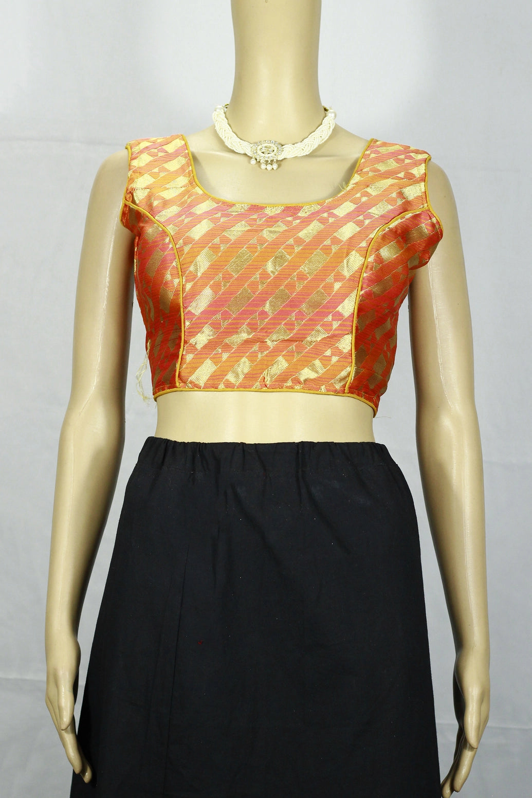 Orange Geometric Zari Padded Ready-to-Wear Sleeveless Blouse with Back Knot, Fully Stitched