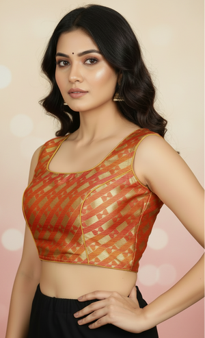 Orange Geometric Zari Padded Ready-to-Wear Sleeveless Blouse with Back Knot, Fully Stitched