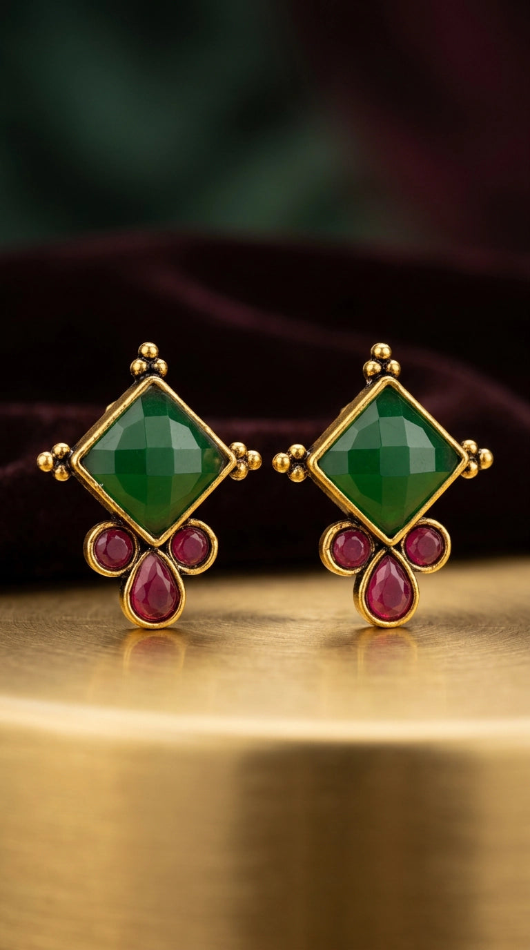 Green & Red Stone Square Stud Earrings in Gold-Tone Frame with Teardrop Accents for Ethnic Wear - Green&Red