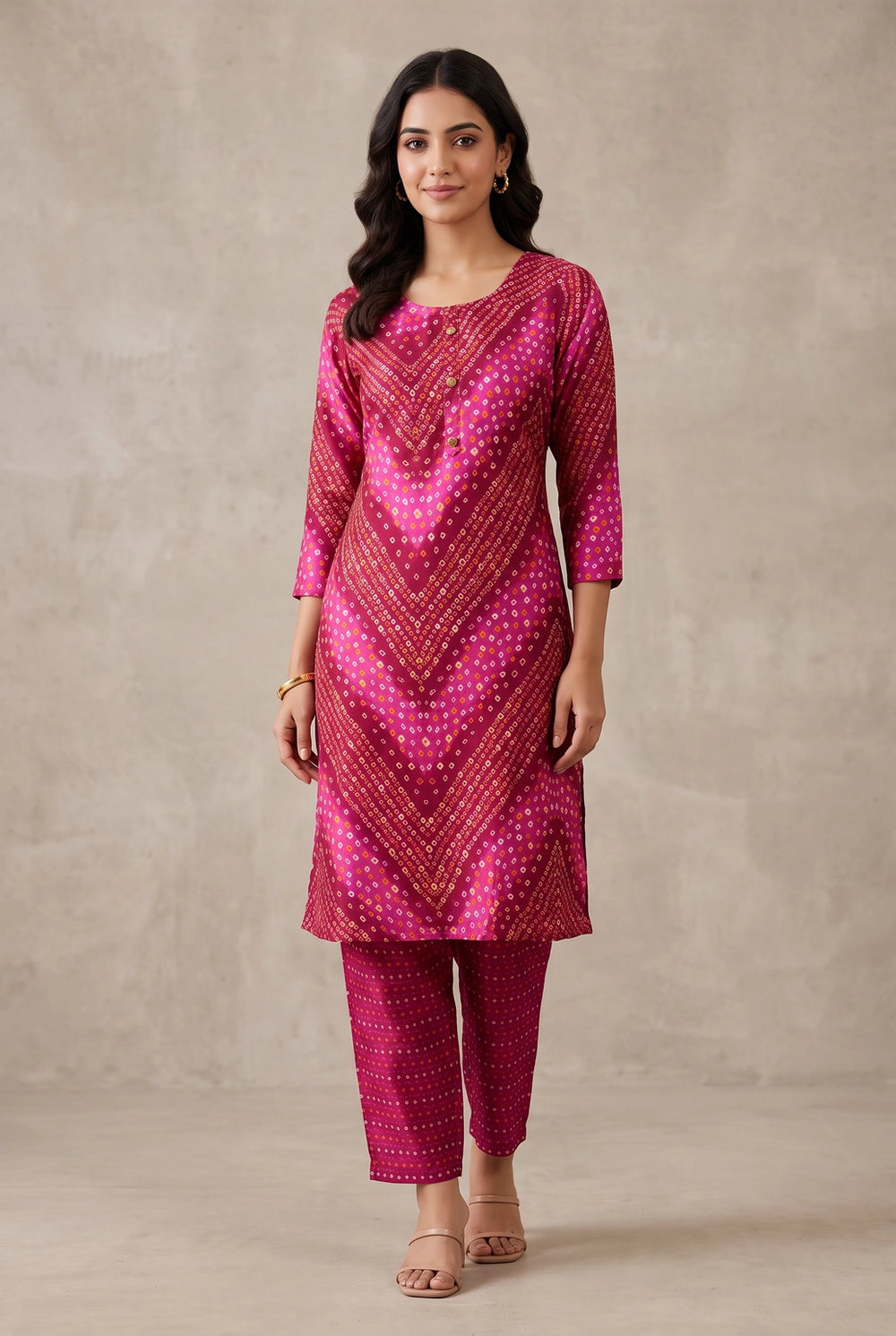 Pink Rayon Geometric Print Kurti with Elastic Pant 2-Piece Set for Women - Pink