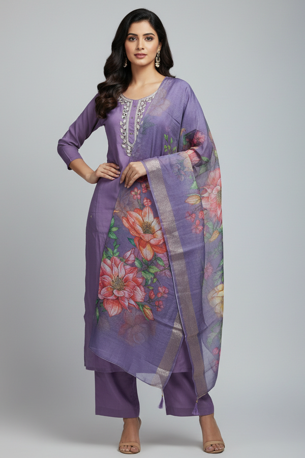 Lavender Roman Silk 3-Piece Salwar Suit with Organza