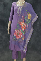 Lavender Roman Silk 3-Piece Salwar Suit with Organza Floral Digital Dupatta and Aari Pearl Neckwork Kurti JCS Fashions Lavender Small (36)