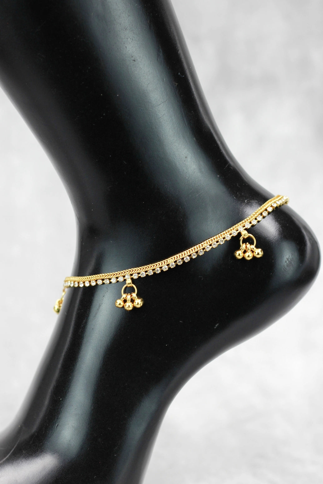 Gold-Tone Traditional South Indian Anklet with White Stone Beads and Jhumka Charm - Gold