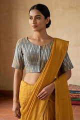 Gray Cotton Ikkat Blouse - Boat Neck, Stitched - AI Model Photo 4
