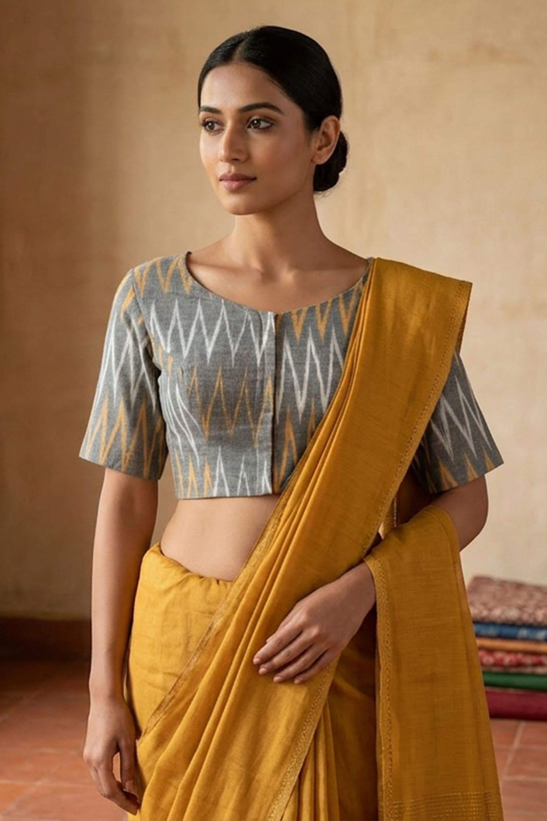 Gray Cotton Ikkat Blouse - Boat Neck, Stitched - AI Model Photo 4