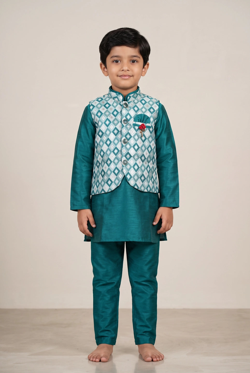 Boys Sky Blue Koti Kurta Set with Printed Nehru Style Waistcoat, Matching Pants and Decorative Brooch - Sky Blue