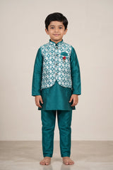 Boys Sky Blue Koti Kurta Set with Printed Nehru Style Waistcoat, Matching Pants and Decorative Brooch - Sky Blue