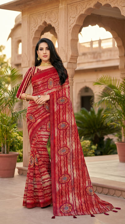 Maroon Georgette Saree with Printed Sirohki Work, Striped Pattern & Contrast Border for Traditional Wear - Maroon