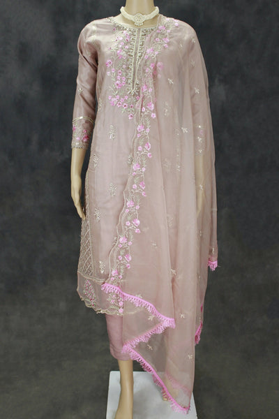 Peach Organza Khatli Work Kurti with Roman Silk Salwar and Border Dupatta – 3 Piece Salwar Set - Peach