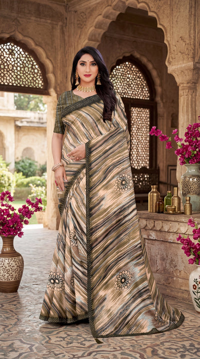 Brown Georgette Saree with Floral Motifs, Zari-Look Border and Striped Design | Jasmin Zomato Saree - Brown