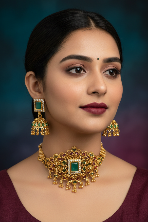 Gold-Tone Pink & Green Choker Necklace Set with Multicolor Stones, Crystal Accents and Matching Jumka Earrings