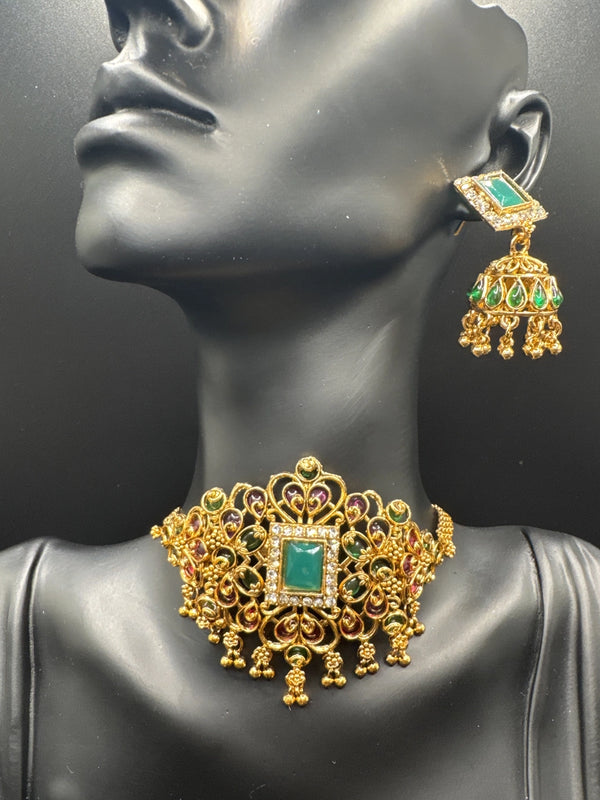 Gold-Tone Pink & Green Choker Necklace Set with Multicolor Stones, Crystal Accents and Matching Jumka Earrings Jewelry JCS Fashions Pink & Green 4 inch