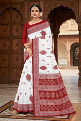 White & Red Pure Cotton Printed Saree with Border | Traditional Velvet-Style - White