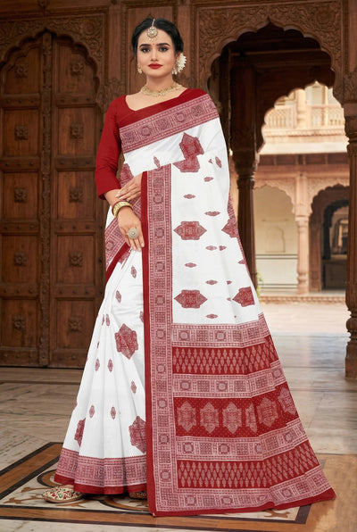 White & Red Pure Cotton Printed Saree with Border | Traditional Velvet-Style - White