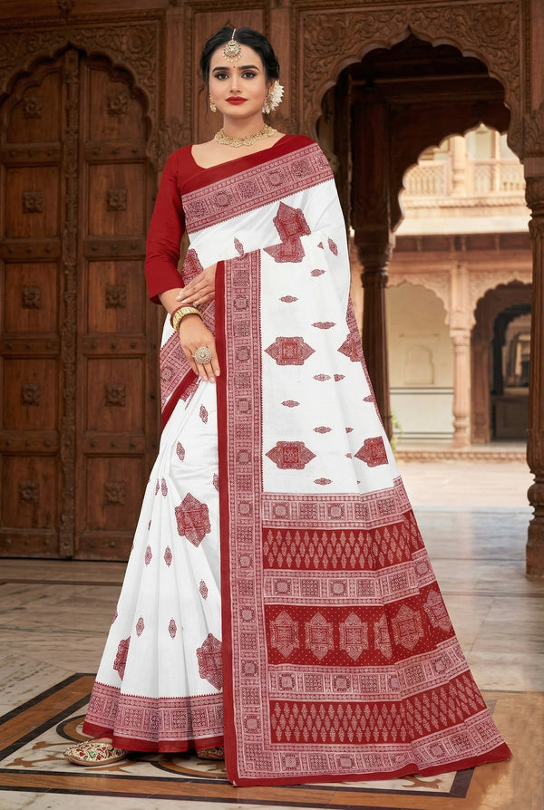 White & Red Pure Cotton Printed Saree with Border | Traditional Velvet-Style - White