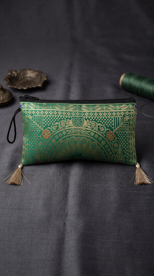 Bottle Green Banarasi Brocade Zip Pouch Clutch with Tassel, Embroidered Nylon Handbag for Women - Bottle Green