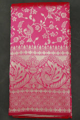 Red Banarasi Handloom Satin Saree with Woven Floral Embroidery Print and Blouse - Red