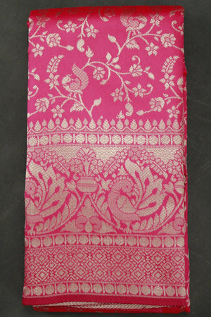 Red Floral Print Banarasi Handloom Satin Saree with Embroidered Woven Design and Blouse