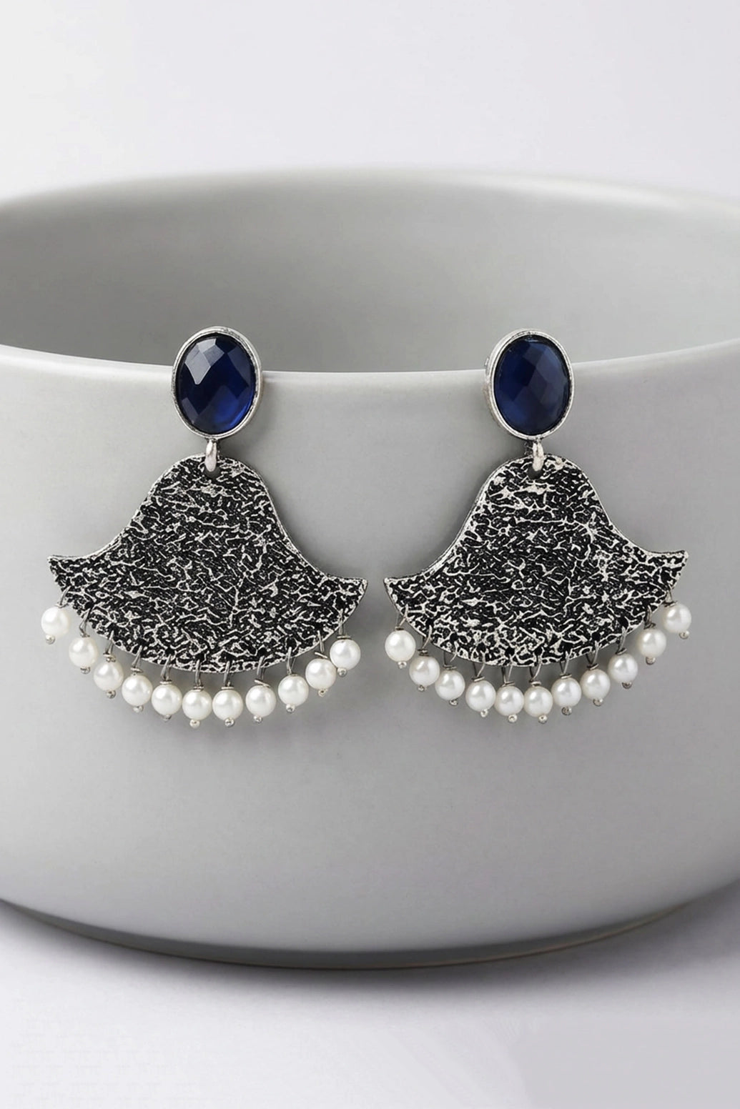 Dark Blue Stone Textured Triangle Chandbali Style Silver-Tone Fashion Earrings for Festive Party Wear - Dark Blue