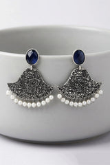 Dark Blue Stone Textured Triangle Chandbali Style Silver-Tone Fashion Earrings for Festive Party Wear - Dark Blue