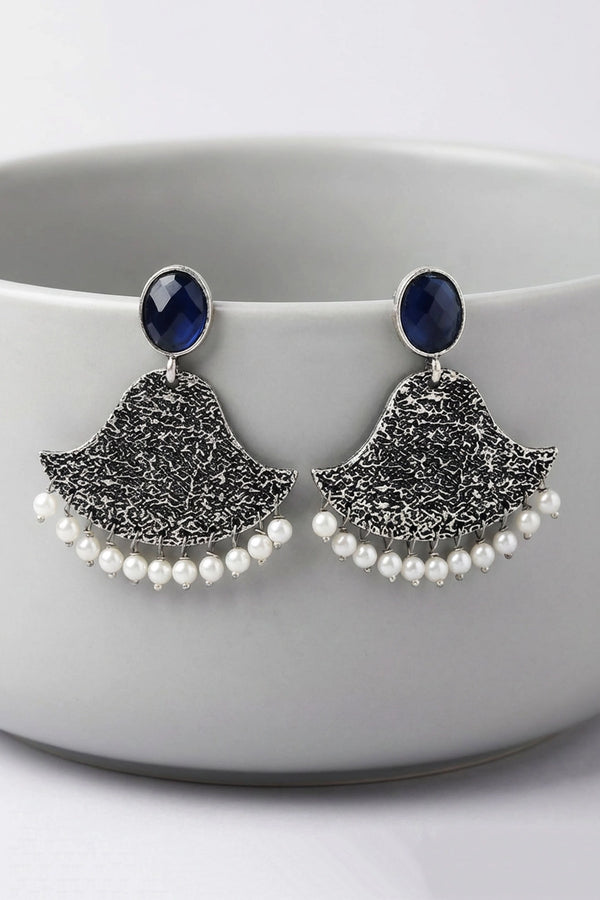 Dark Blue Stone Textured Triangle Chandbali Style Silver-Tone Fashion Earrings for Festive Party Wear - Dark Blue