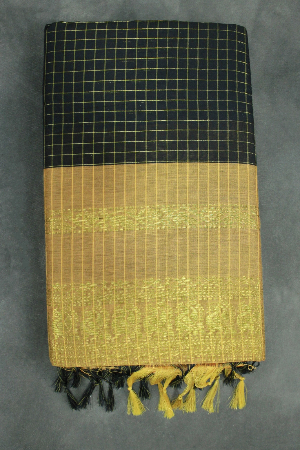 Black Kalyani Cotton Saree with Zari Checked & Peacock Border and Blouse - Black