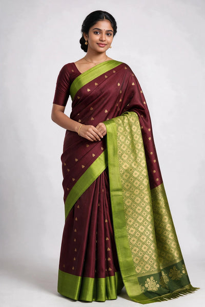 Maroon Soft Silk Saree with Kommai Butta and Contrast Green Border - Maroon