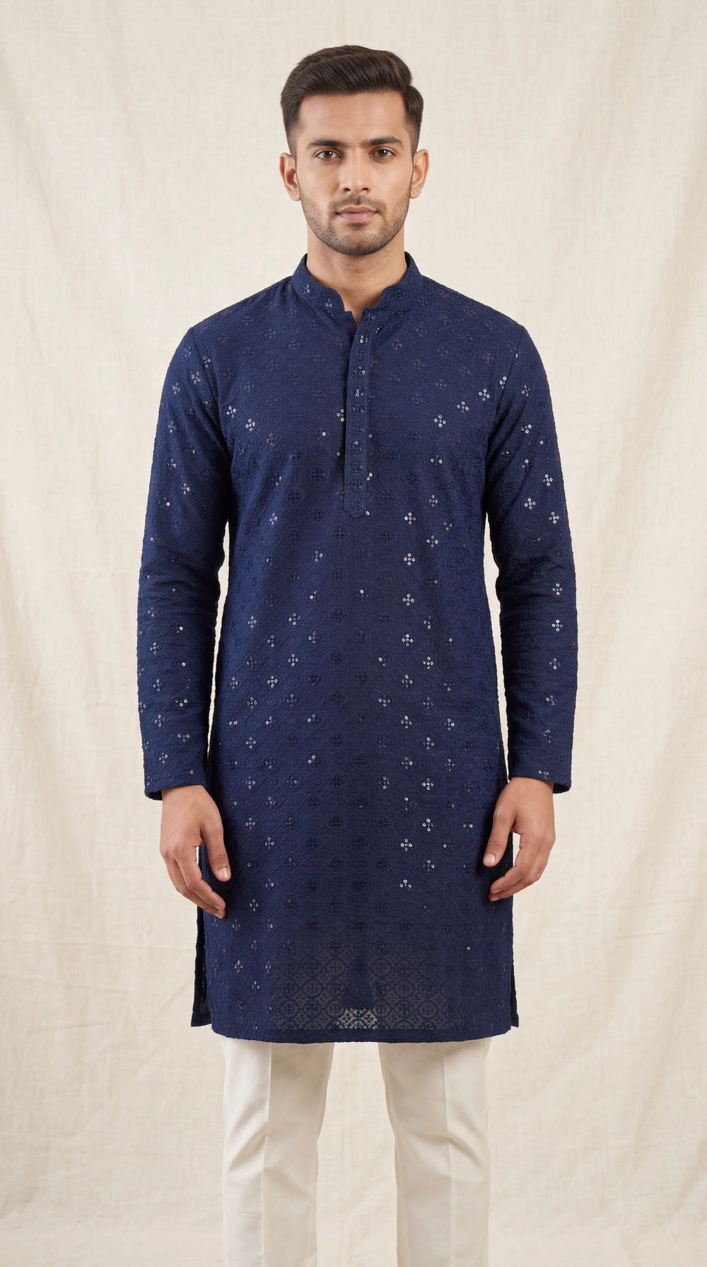 Men’s Navy Lakhnavi Kurta with Sequins Work, Long Kurta for Festive Wear - Navy
