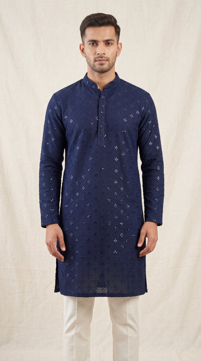 Men’s Navy Lakhnavi Kurta with Sequins Work, Long Kurta for Festive Wear - Navy