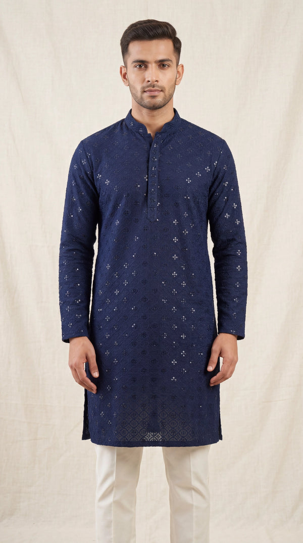 Men’s Navy Lakhnavi Kurta with Sequins Work, Long Kurta for Festive Wear - Navy