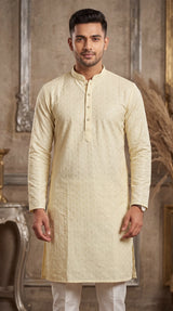Cream Lakhnavi Kurta for Men | Textured Ethnic Long Kurta with Mandarin Collar - Cream