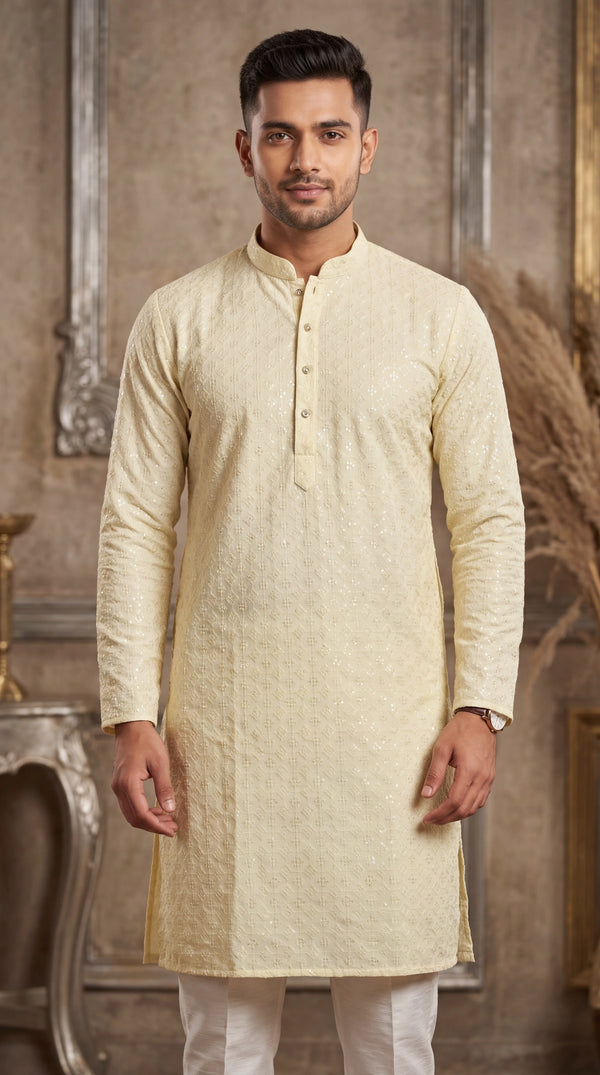 Cream Lakhnavi Kurta for Men | Textured Ethnic Long Kurta with Mandarin Collar - Cream