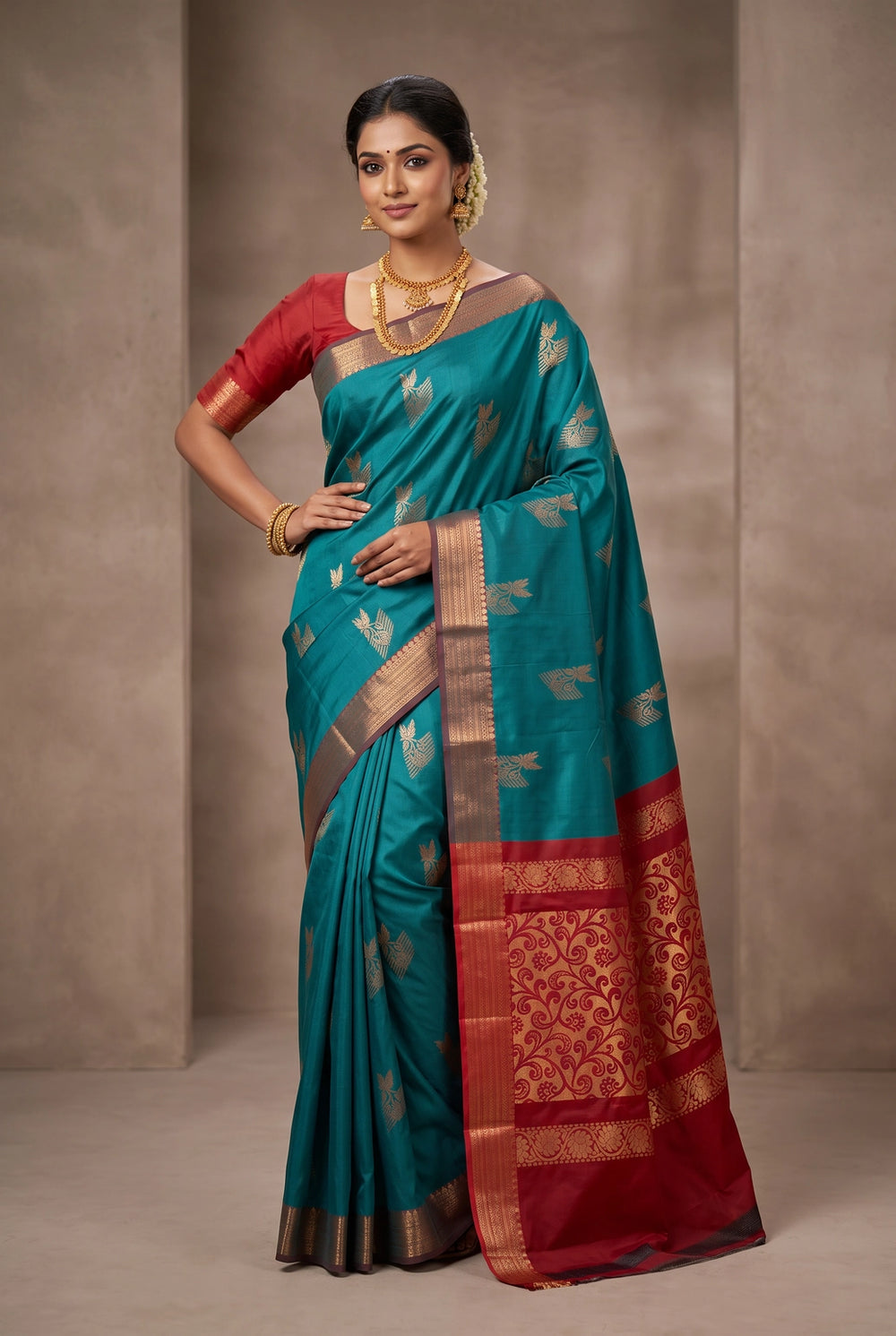 Teal Soft Silk Saree with Contrast Border and Gold Zari Buttas, Traditional Floral Border - Teal