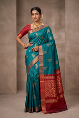 Teal Soft Silk Saree with Contrast Border and Gold Zari Buttas, Traditional Floral Border - Teal