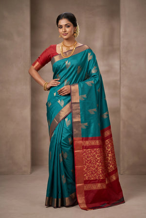 Teal Soft Silk Saree with Contrast Border and Gold Zari Buttas, Traditional Floral Border